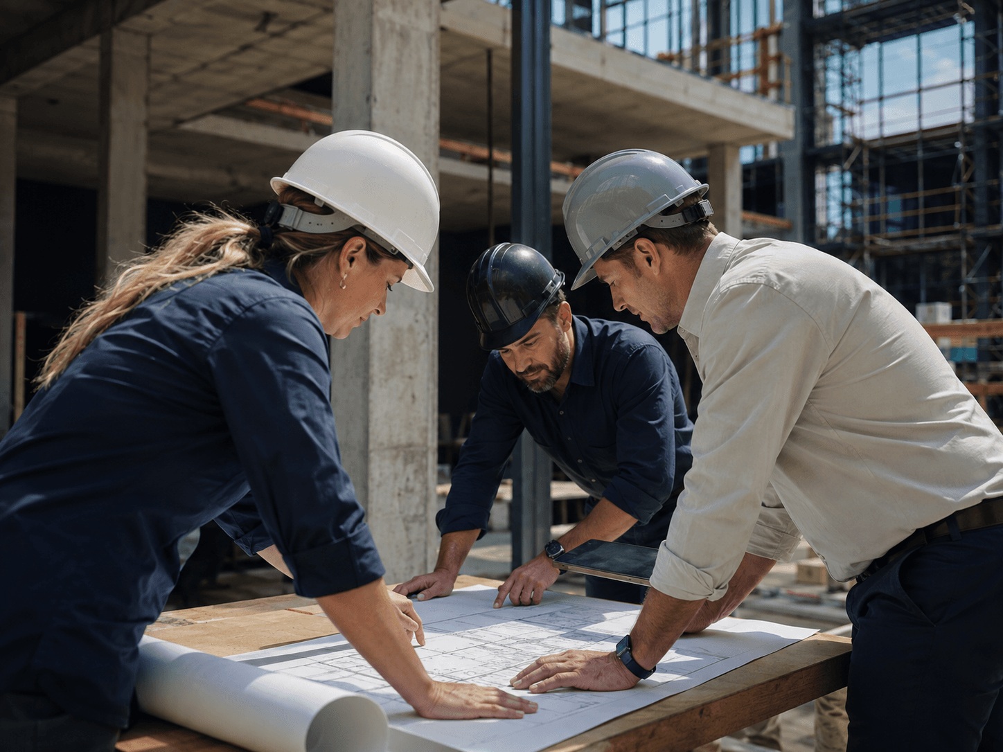 Building professionals coordinating project plans on a construction site
