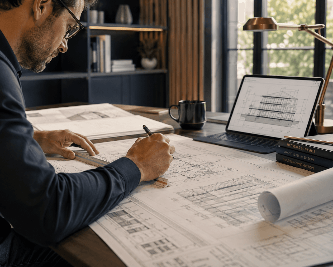 Building consultant reviewing architectural plans for a Performance Solution