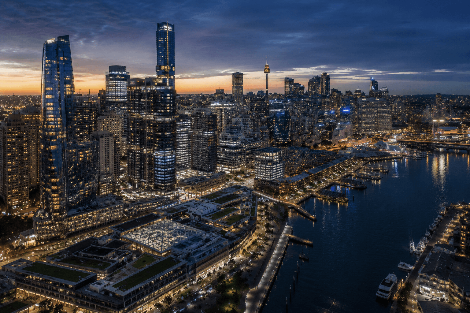 Sydney skyline and commercial buildings at dusk